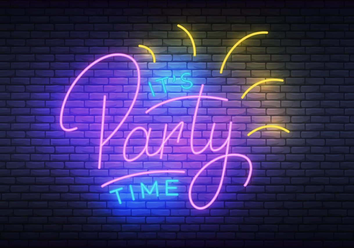 Party neon template. Glowing lettering Party sign for birthday, anniversary, bar. party time
